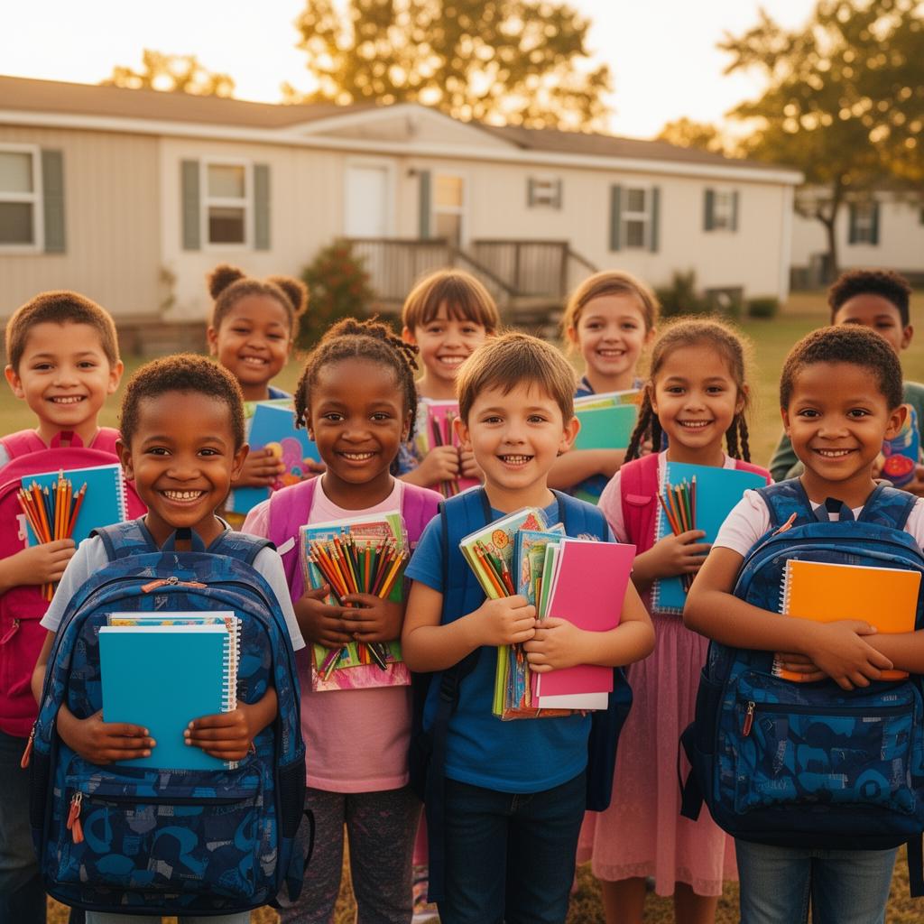 Children receiving school supplies in a mobile home community